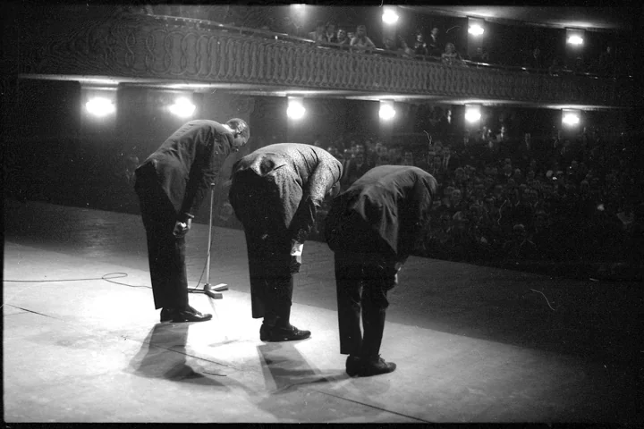 Oscar Peterson Trio, Teatro Lirico, 30 ottobre 1967. © Roberto Polillo (Oscar Peterson/piano, Sam Jones/contrabbasso, Bobby Durham/batteria)